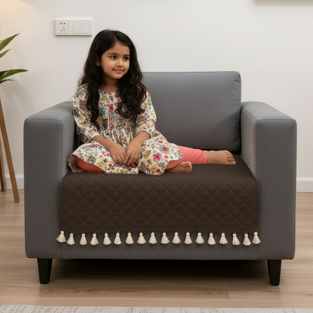 Quilted Velvet Sofa Cover with Tassels (Brown)