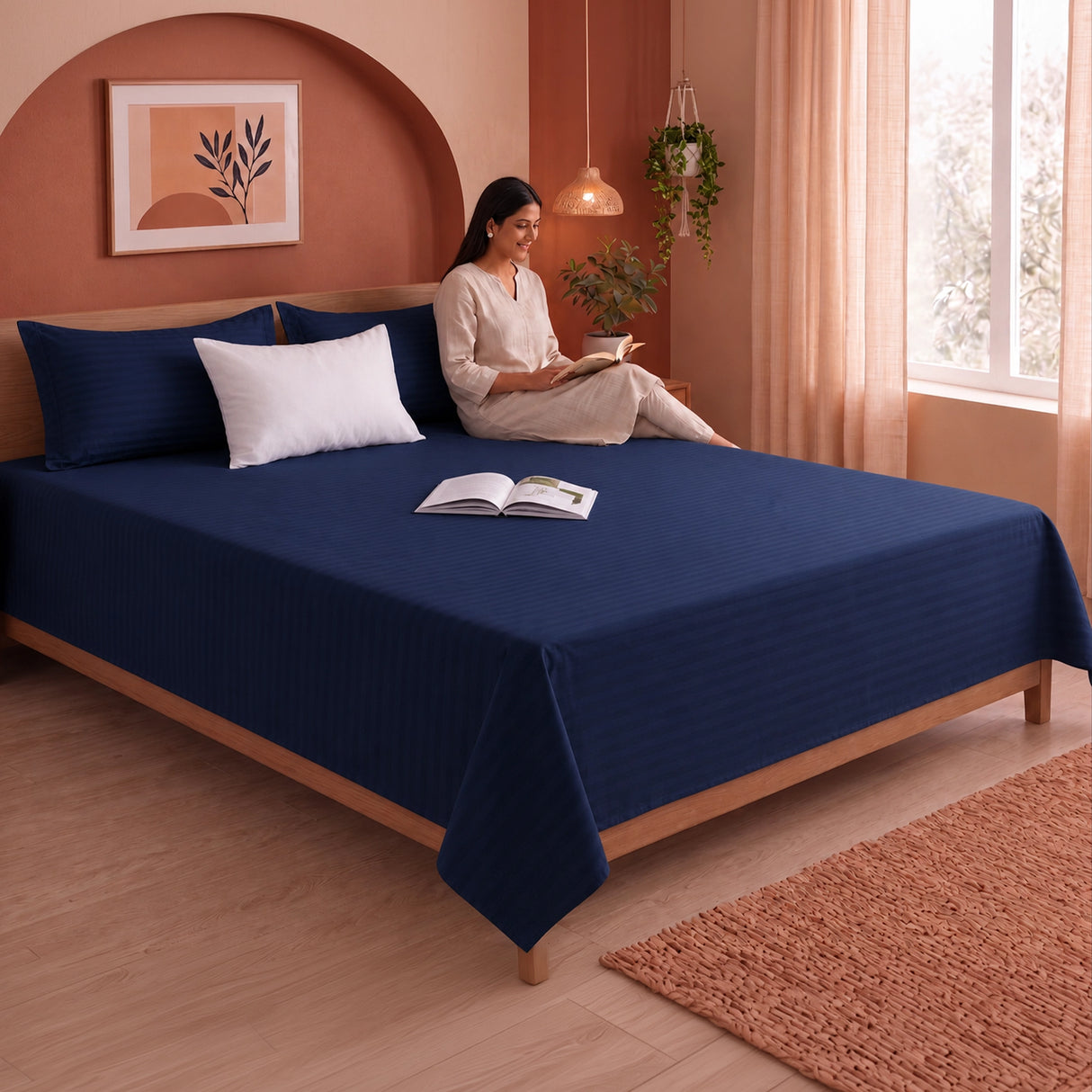 Breton Nap - Satin Stripes Bedsheet (Dark Blue)