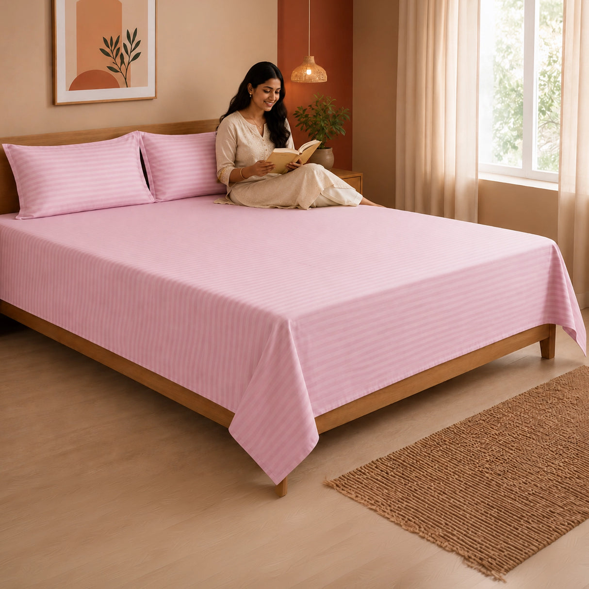 Breton Nap - Satin Stripes Bedsheet (Baby Pink)