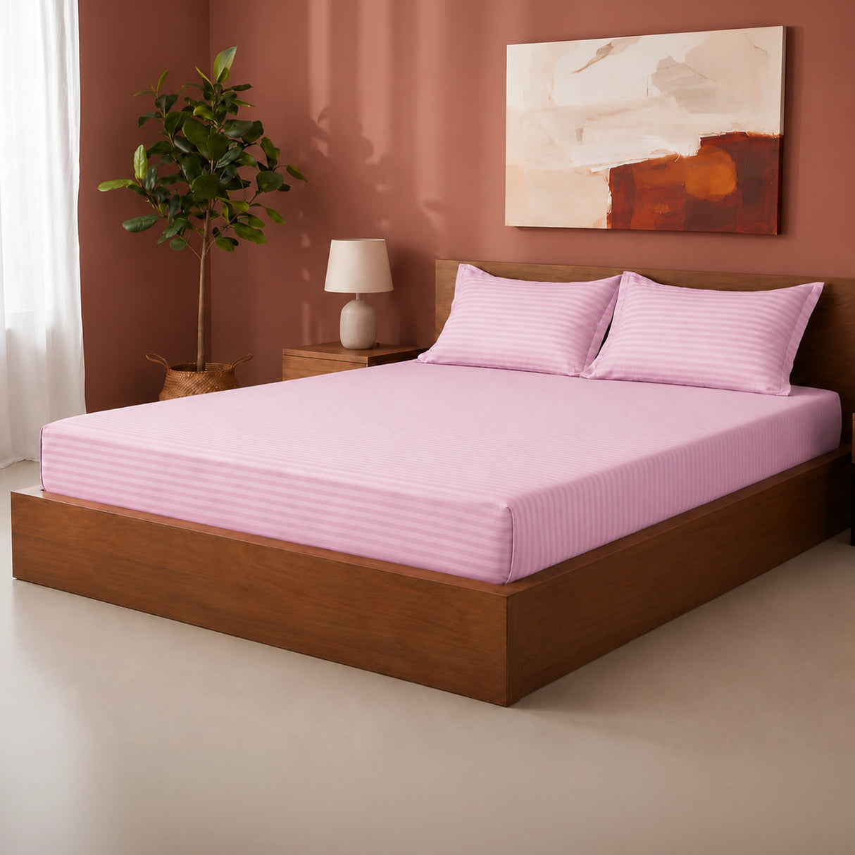 Breton Drift - Satin Stripes Fitted Bedsheet (Baby Pink)