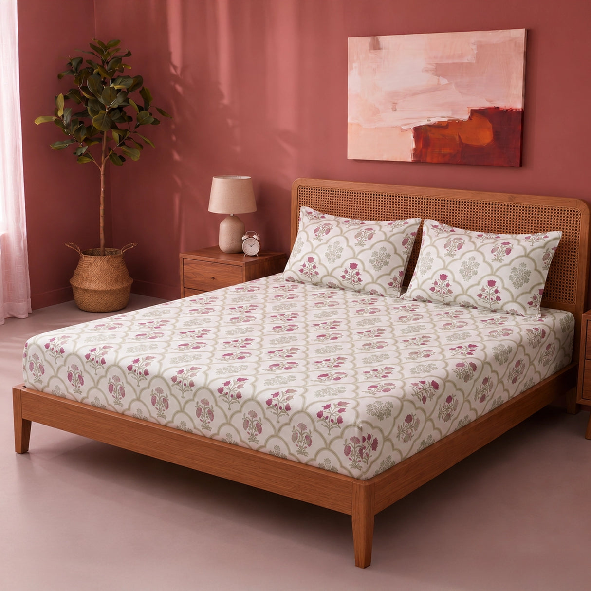 Spring Buds Pink - White Floral Fitted Sheet
