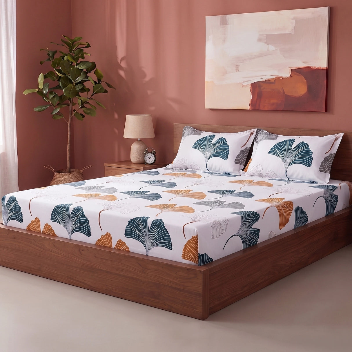 Imprimer Ginkyo - Floral Printed Fitted Bedsheet (Mustard & Grey)