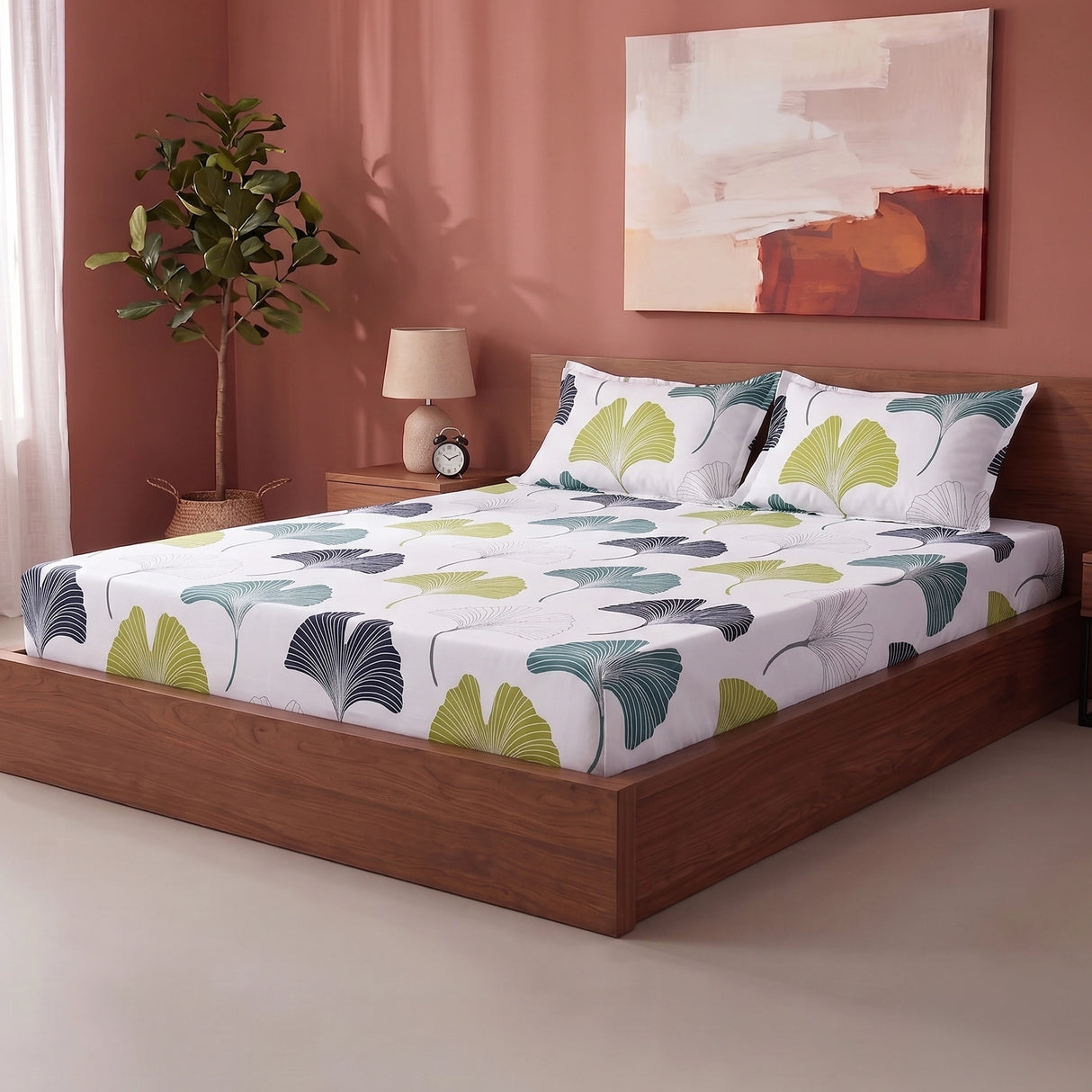 Imprimer Ginkyo - Floral Printed Fitted Bedsheet (Blue & Green)