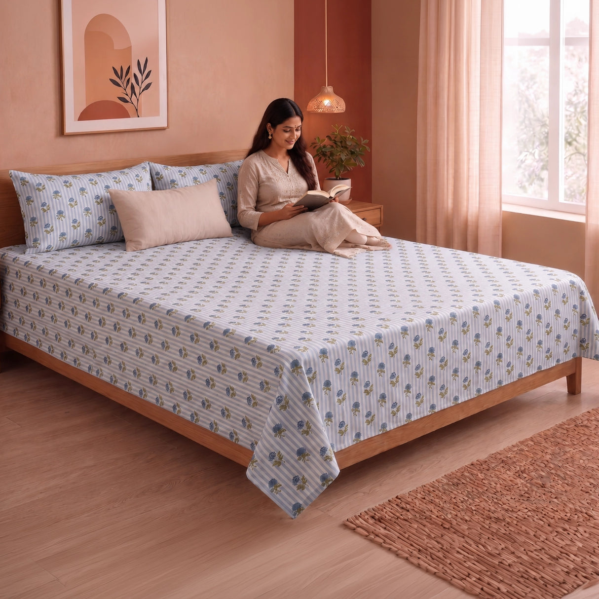 Soft Serenade - Floral Bedsheet (Blue)