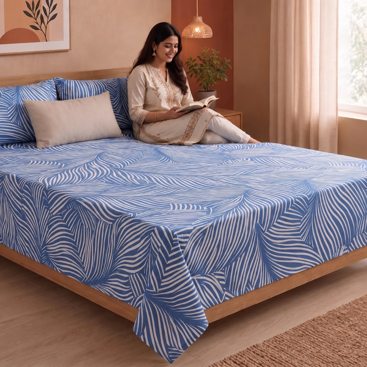 Blue Feather - Bedsheet (Blue & White)