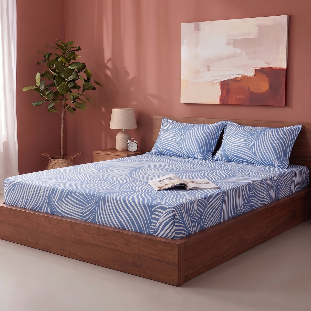 Blue Feather - Fitted Sheet (White & Blue)