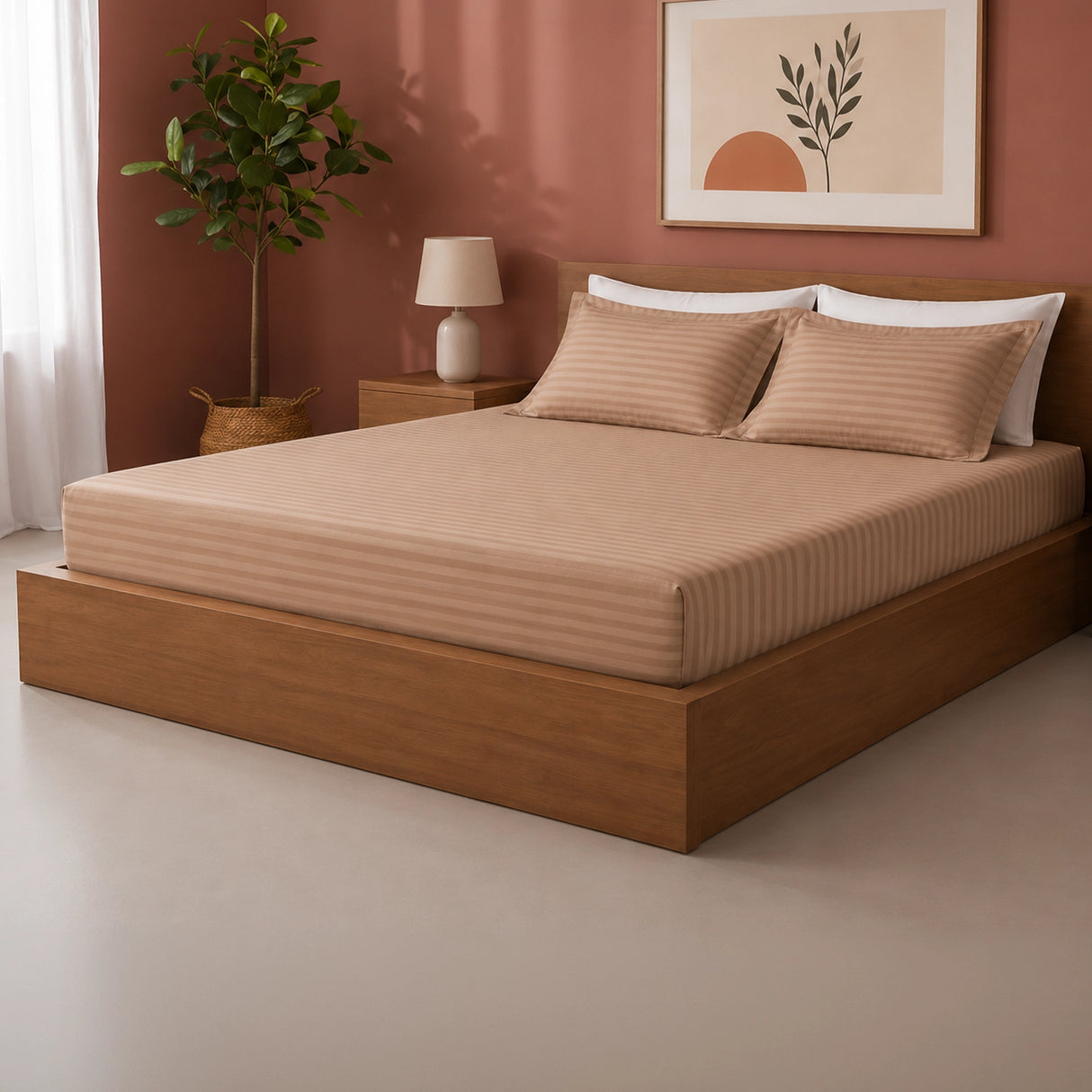 Breton Drift - Satin Stripe Fitted Bedsheet with Pillow Covers (Taupe)