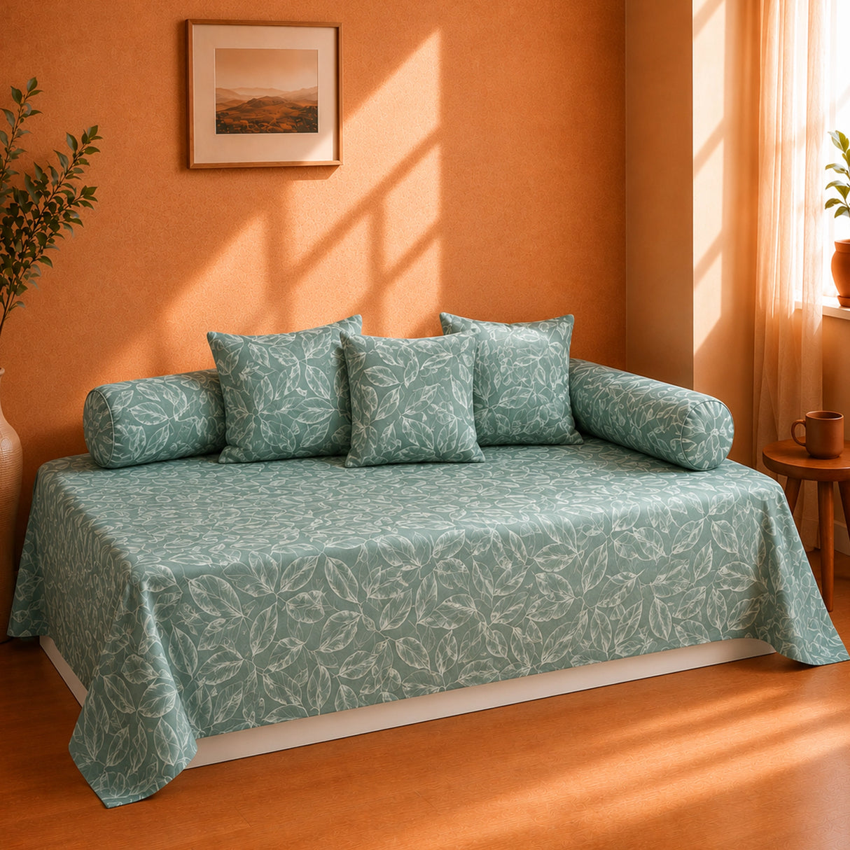 Aqua Blue Floral Diwan Cover Set