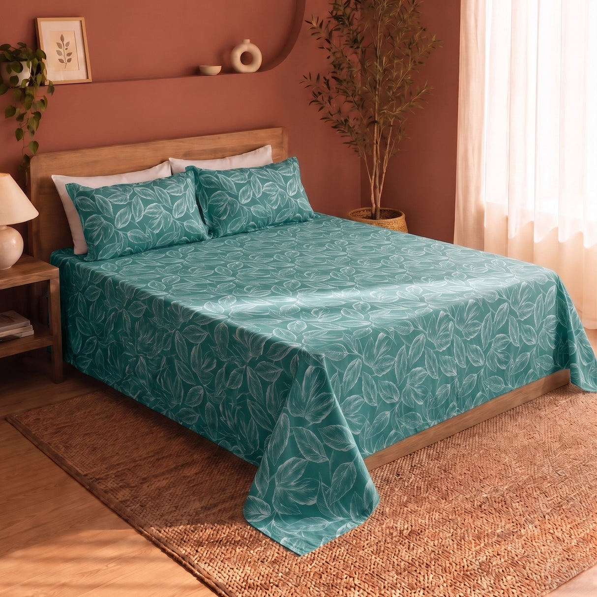 Imprimer Lilac - Leaf Printed Bedsheet (Aqua Blue)