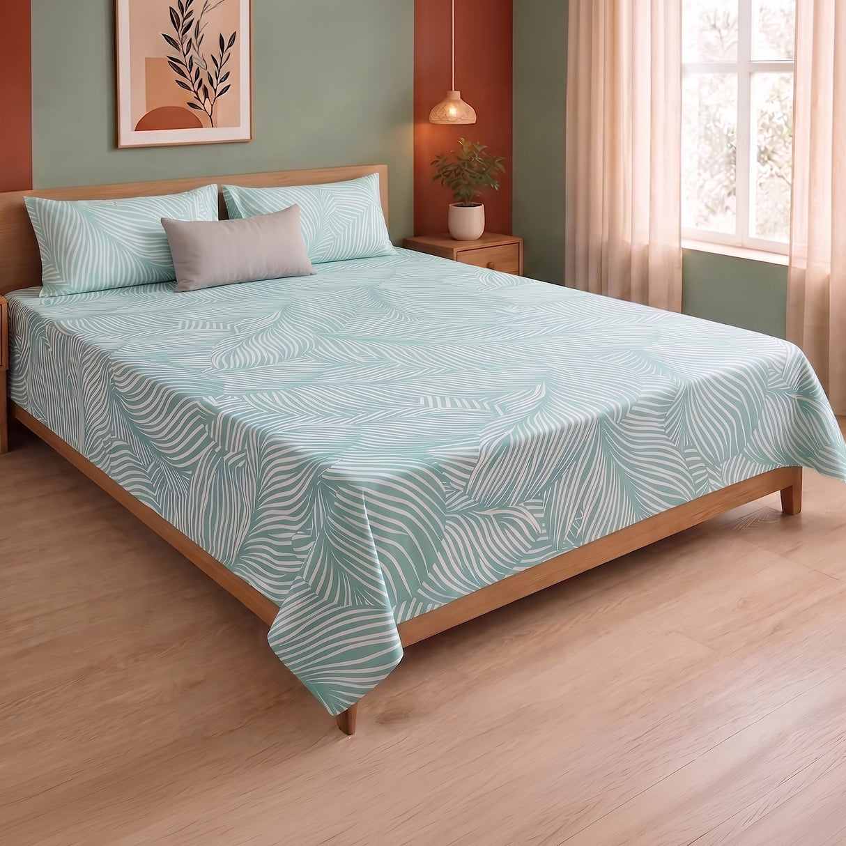 Mint Green Feather - Bedsheet (Green & White)