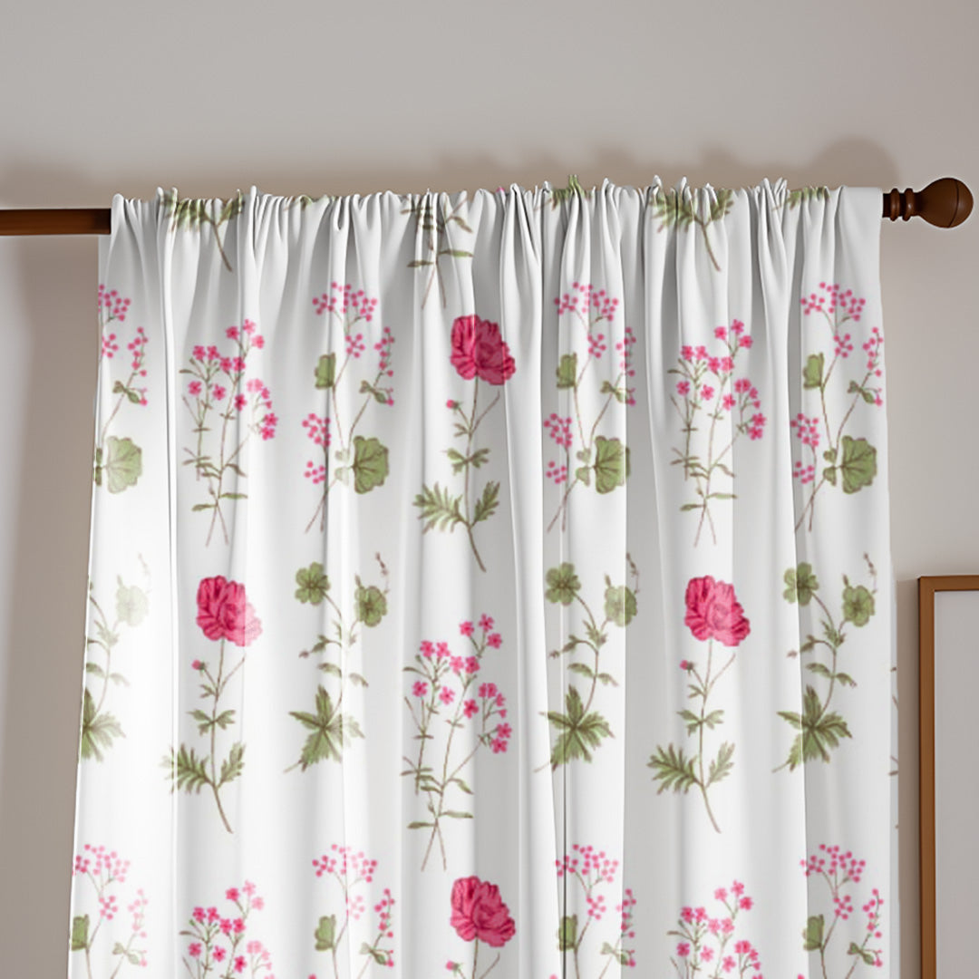 Pink Floral Printed Rod Pocket Duck Curtain