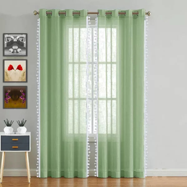 Fort Handpicked Breeze - White PomPom Border Solid Sheer Curtain (Mint Green)