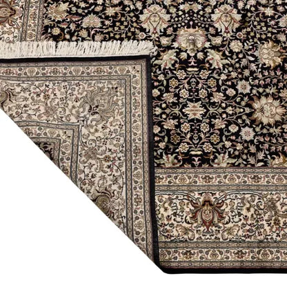 Kashmir Garden Design Natural Silk Carpet Navy Blue