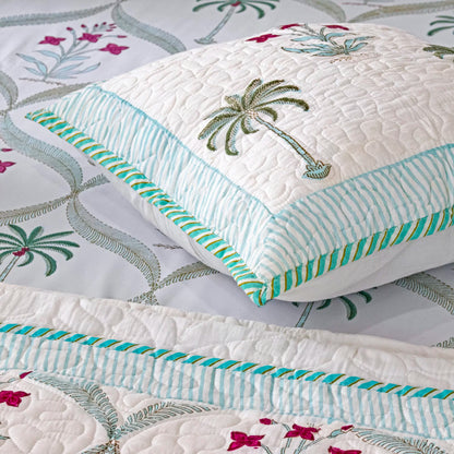 Hand Block Printed Quilted Bedcovers, Bed Sheet, Cushion Covers with Pillow Covers Collection, Dark Green 