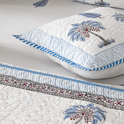 Hand Block Printed Quilted Bedcovers, Bed Sheet, Cushion Covers with Pillow Covers Collection, Blue 