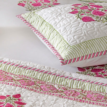 Hand Block Printed Quilted Bedcovers, Bed Sheet, Cushion Covers with Pillow Covers Collection, Pink 