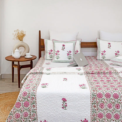 Hand Block Printed Quilted Bedcovers, Bed Sheet, Cushion Covers with Pillow Covers Collection, Pink 