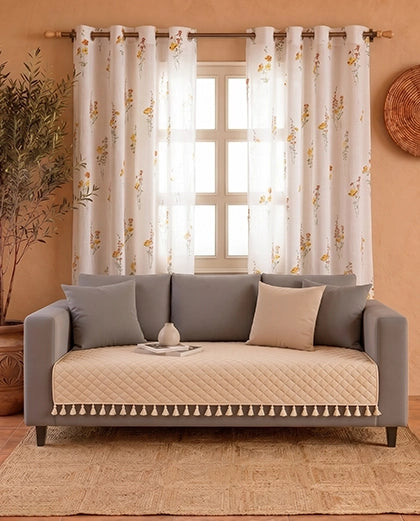 Premium Printed Sheer Curtain & Quilted Sofa Cover Combo Set