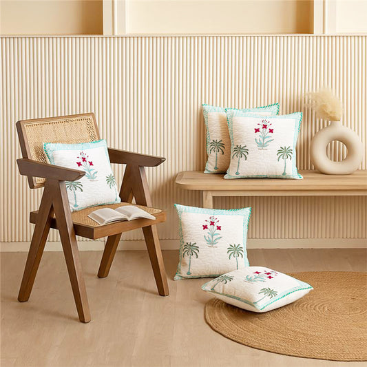 Ombre Tulip - Hand Block Print Quilted Cushion Cover (Green)cushion